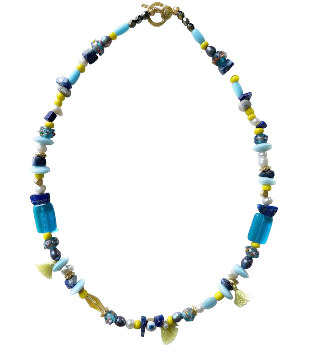 Blue Beaded Gemstone Necklace