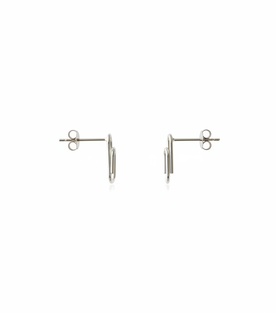 small and minimalist paper clip shaped stud earrings in sterling silver  