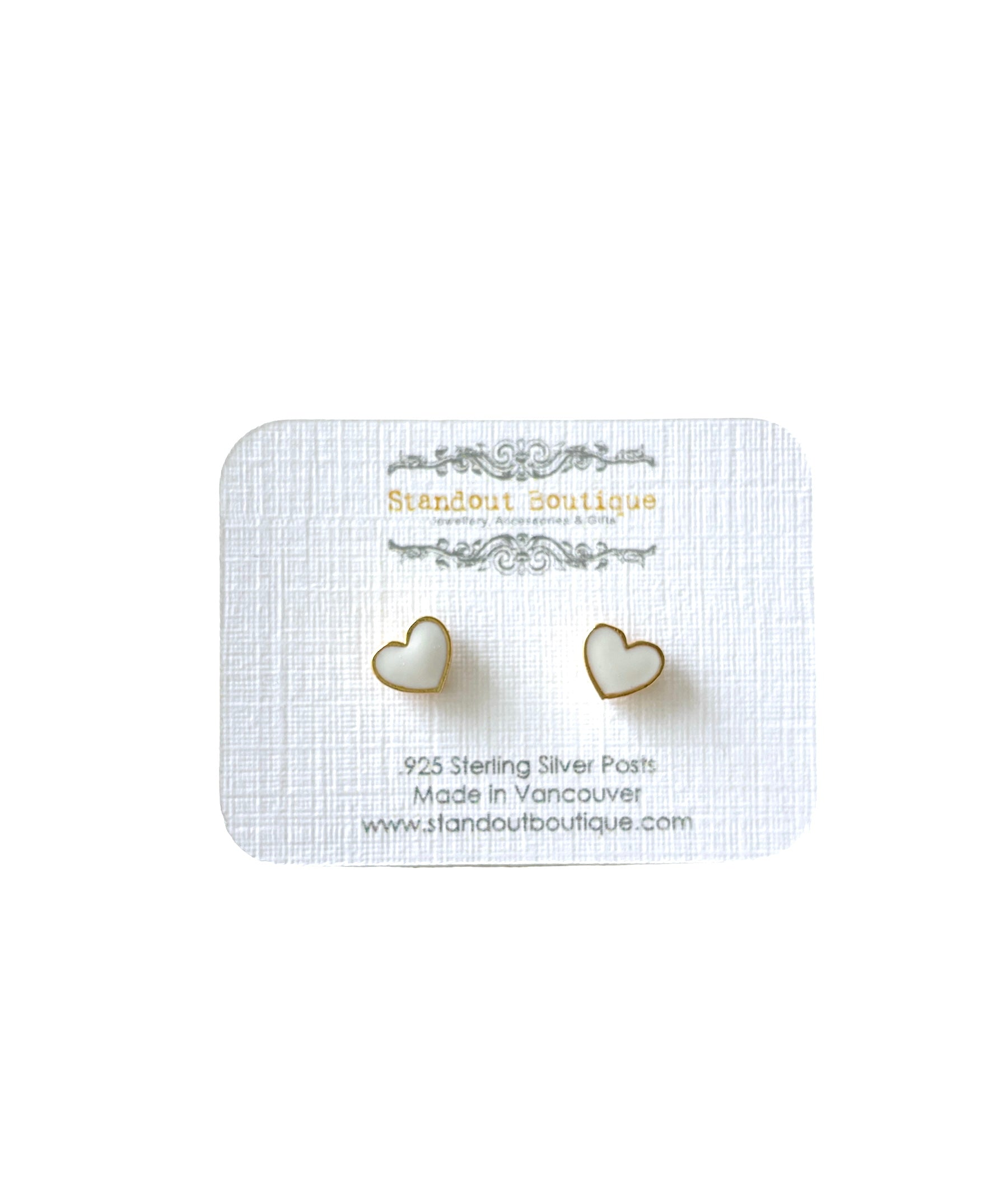 small white enamel heart stud earrings in sterling silver 