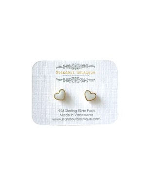 small white enamel heart stud earrings in sterling silver 