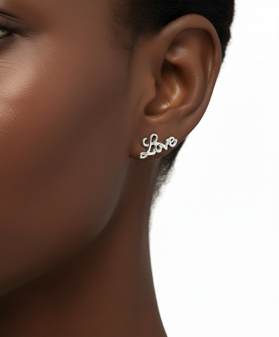 love words stud earrings in silver