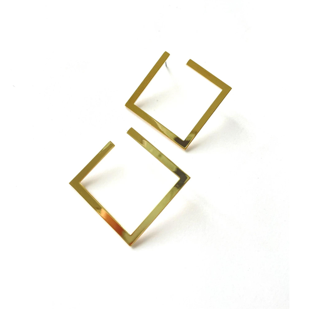 medium sized gold plated stud earrings in a square shape with a shiny finish