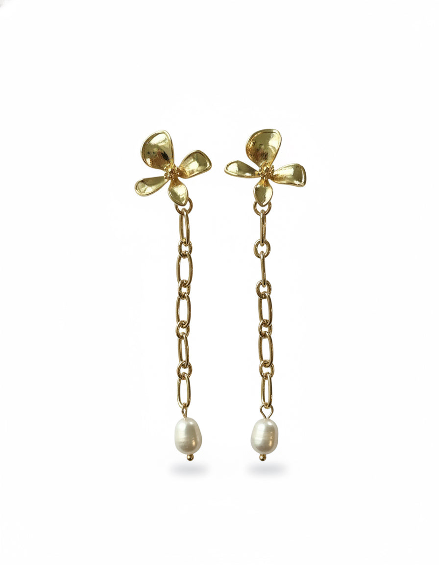 3 inch link chain drop earrings with freshwater pearls and a gold plated flower design