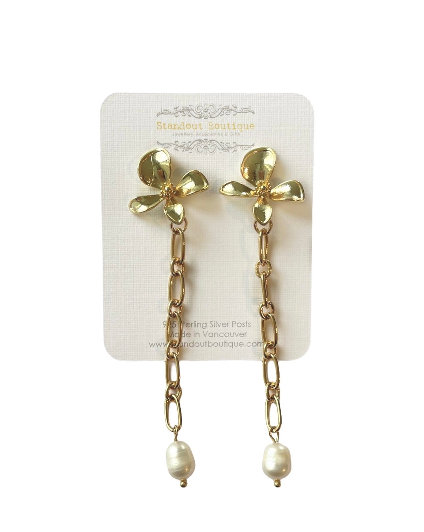 3 inch link chain drop earrings with freshwater pearls and a gold plated flower design