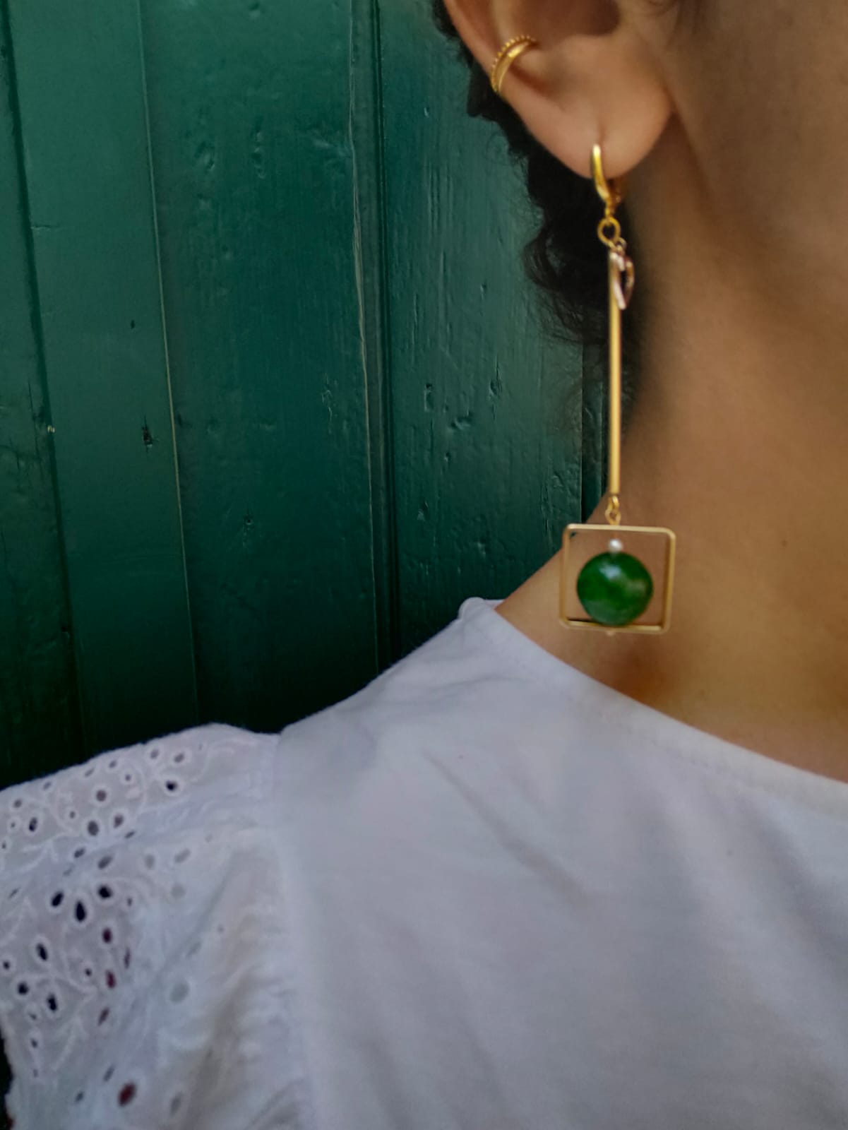 Ellie Emerald Gold Drops with Hearts and Chains - Standout Boutique