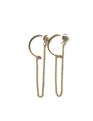 stylish medium open half circle earrings with a 3 inch removable drop chain in gold