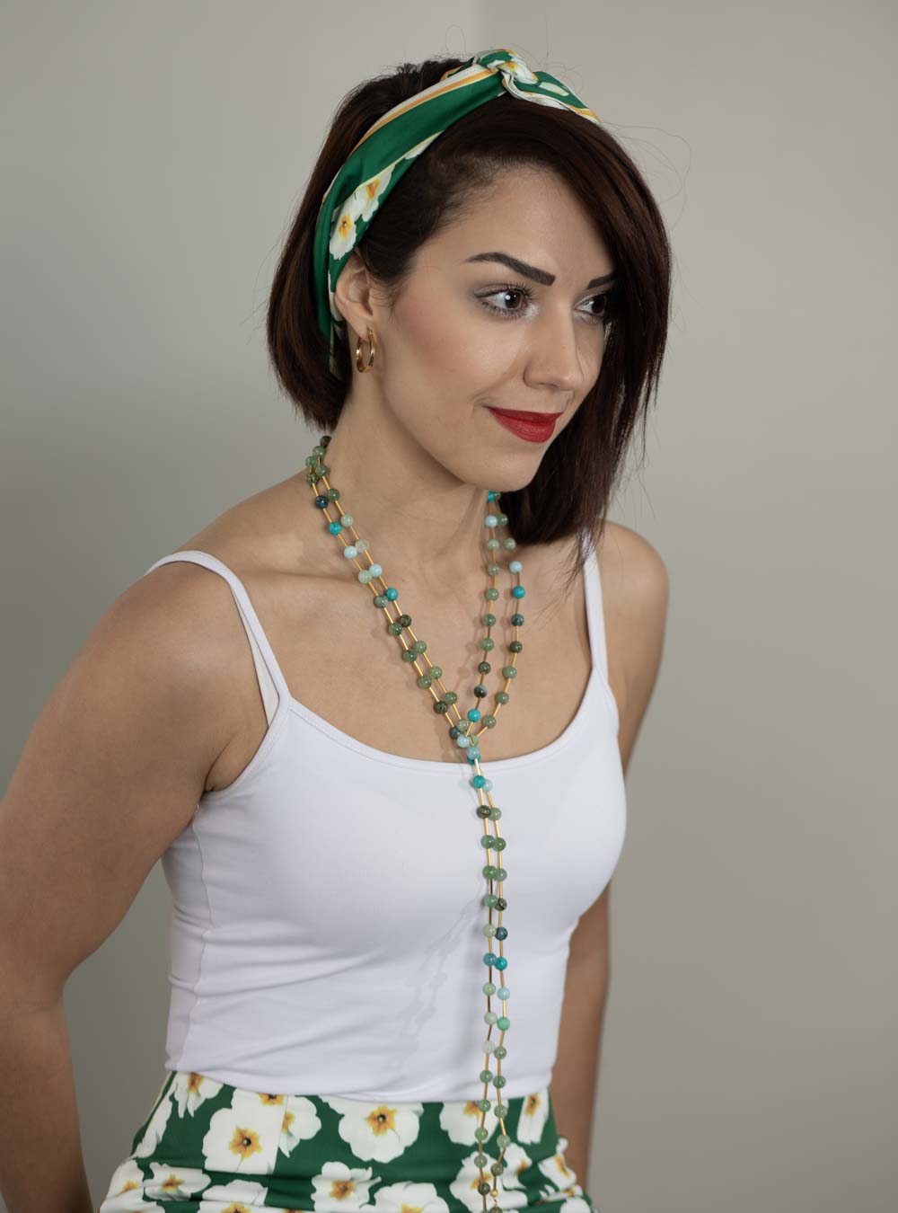  long beaded necklace with aventurine, moss agate, turquoise & chrysoprase stones