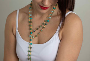  long beaded necklace with aventurine, moss agate, turquoise & chrysoprase stones