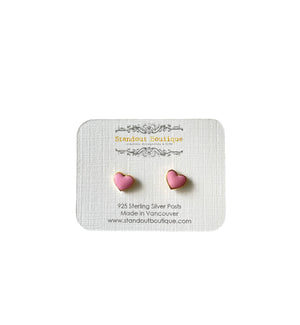 small pink enamel heart stud earrings in sterling silver 