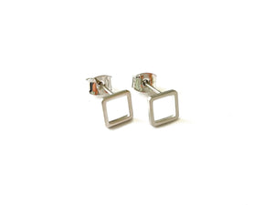 small open square shaped stud earrings statement piece with a silver finish