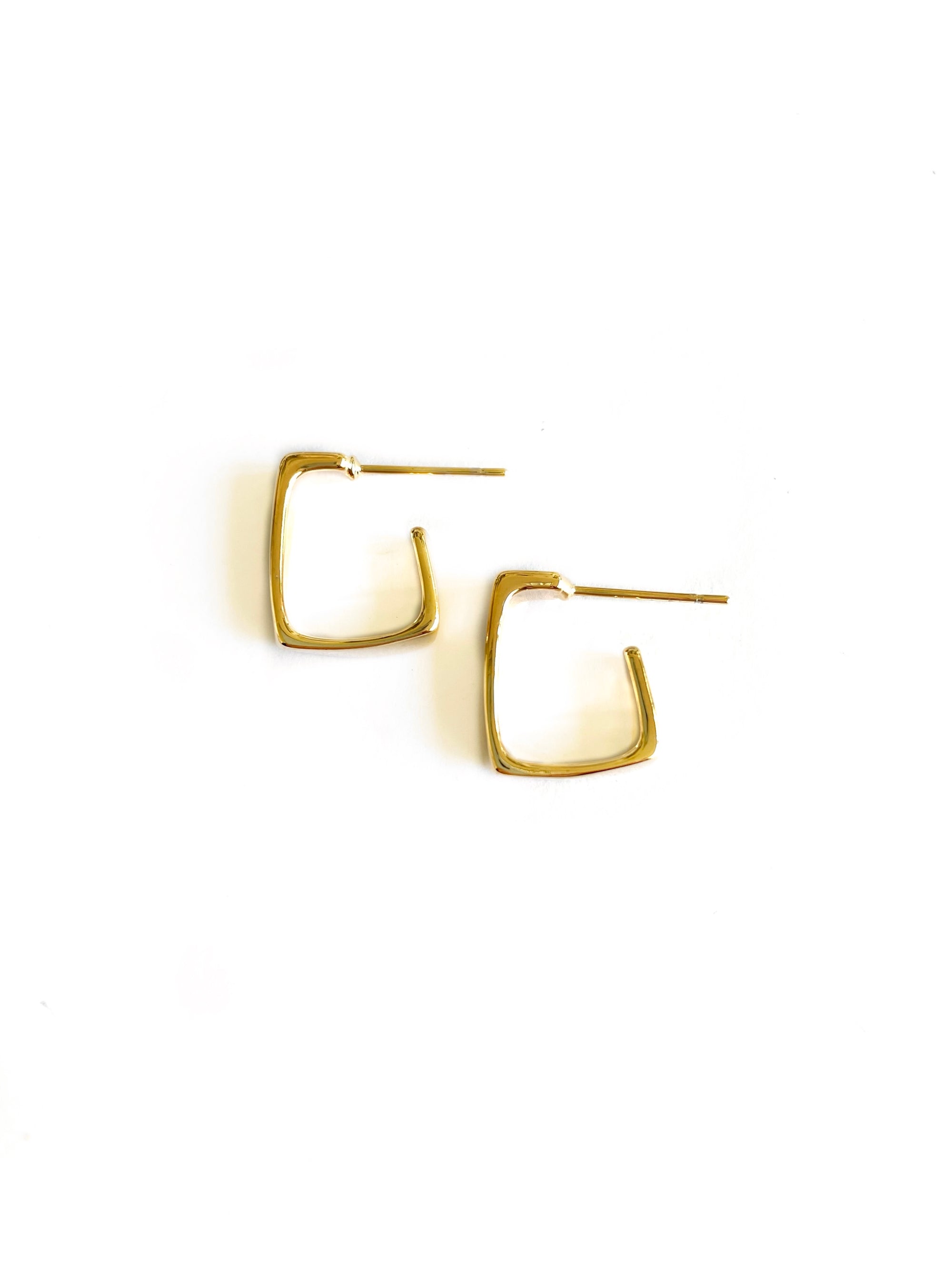 sophisticated small and dainty half open square shaped hoop earrings in a gold finish over italian brass