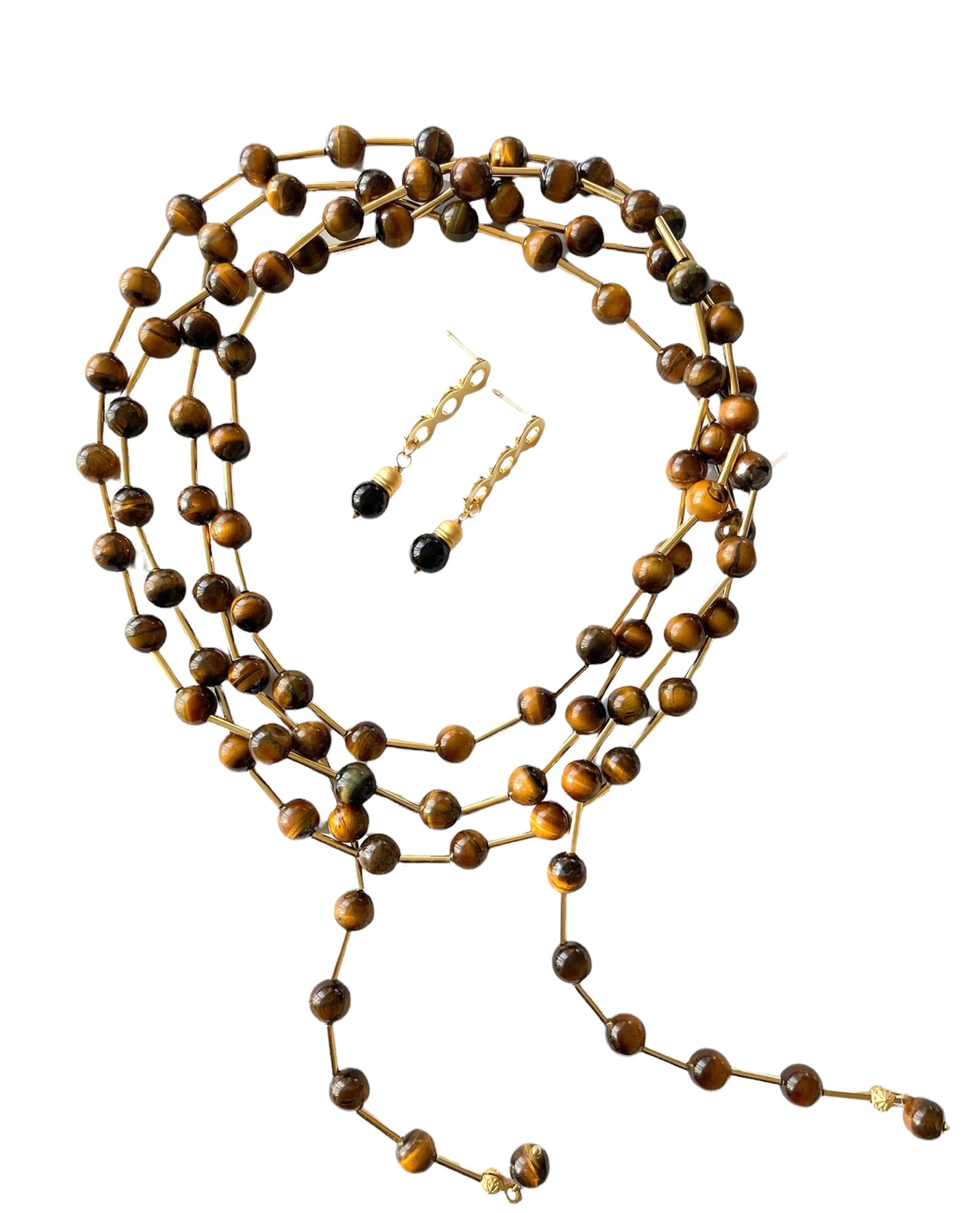 tiger eye gemstone earrings with a 2 inch thick drop chain and a matching long beaded necklace 