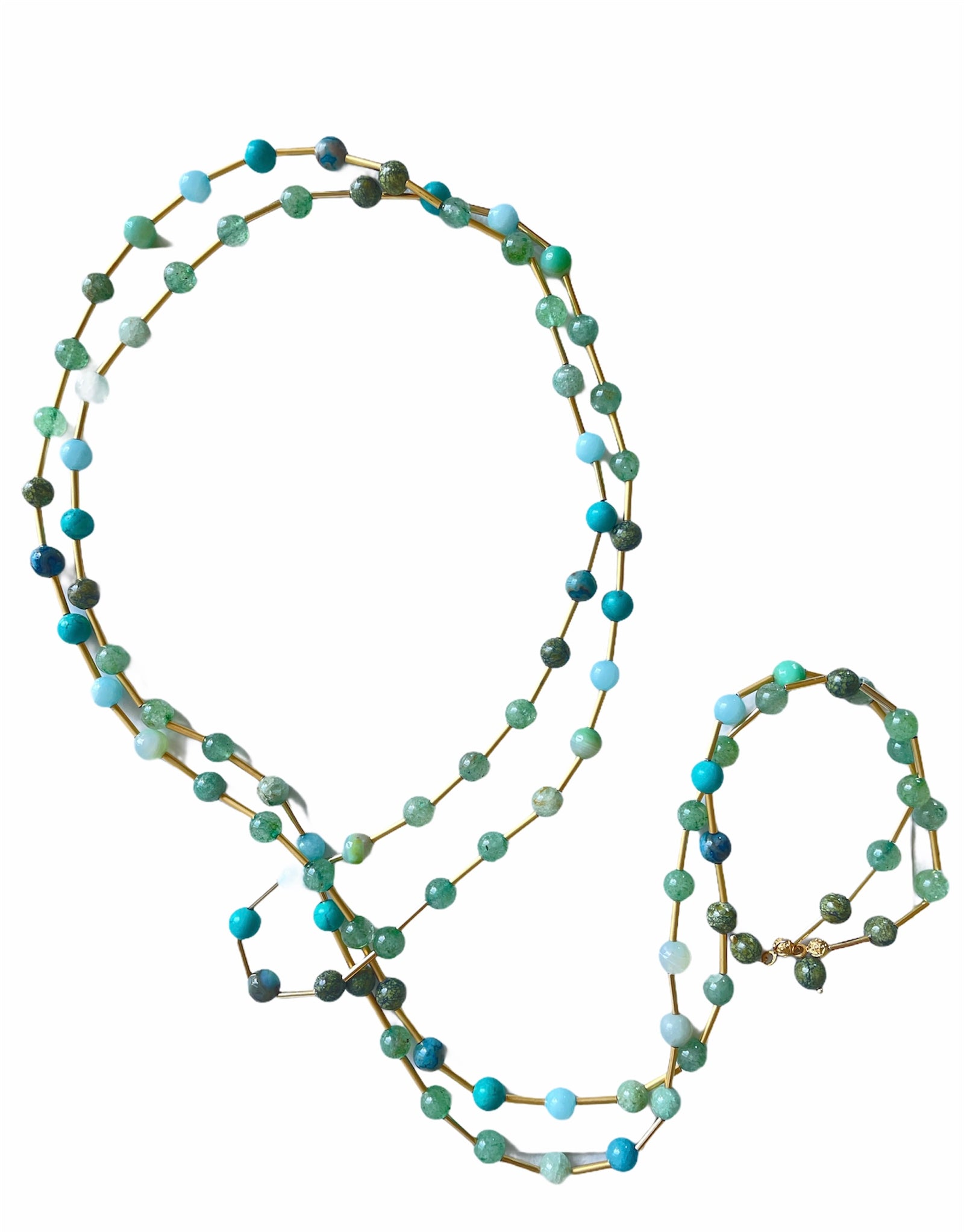 gemstone earrings with a 2 inch drop and a matching long beaded necklace with aventurine, moss agate, turquoise & chrysoprase stones