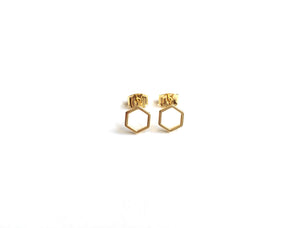 small open hexagon shaped stud earrings with a gold finish