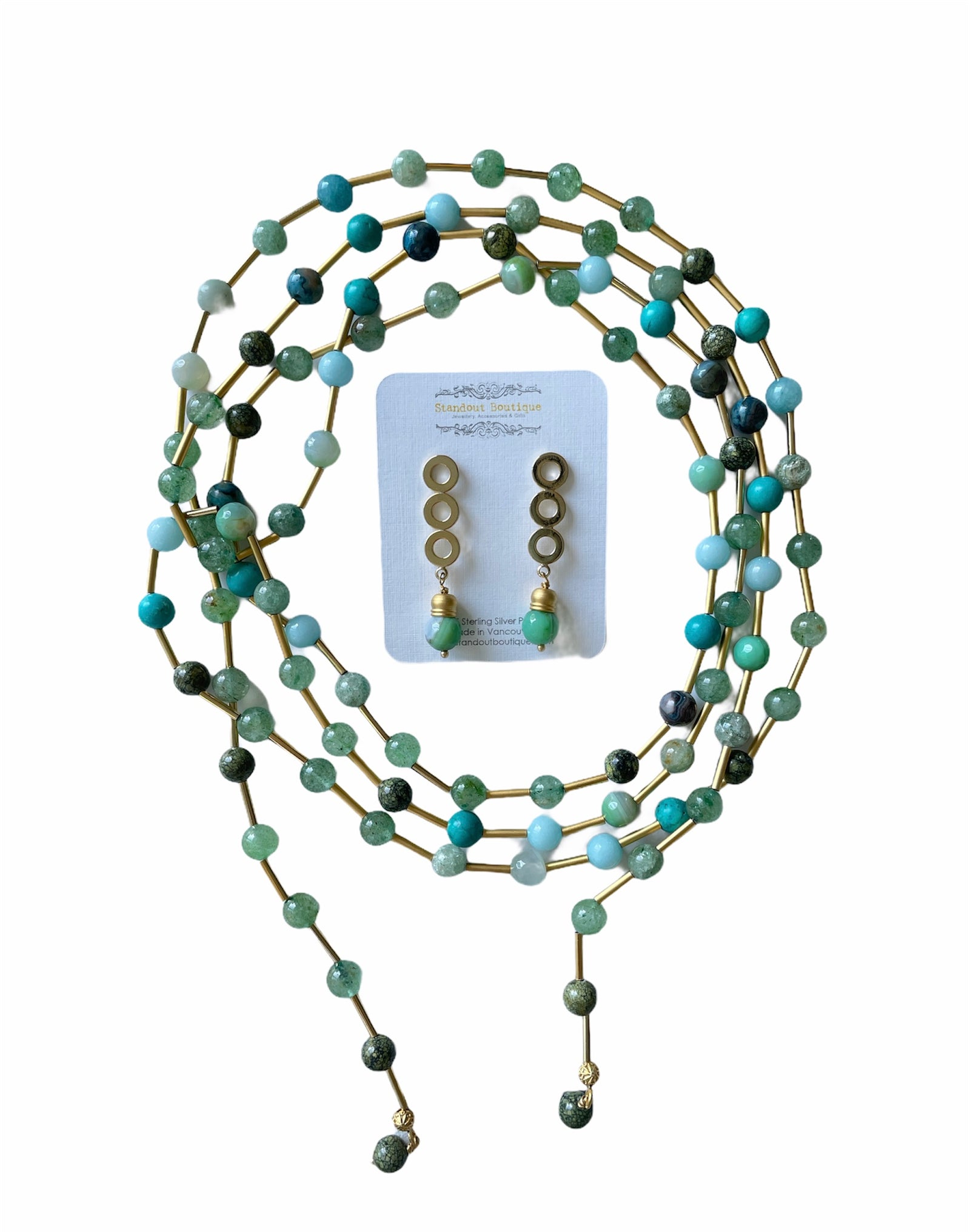 gemstone earrings with a 2 inch drop and a matching long beaded necklace with aventurine, moss agate, turquoise & chrysoprase stones