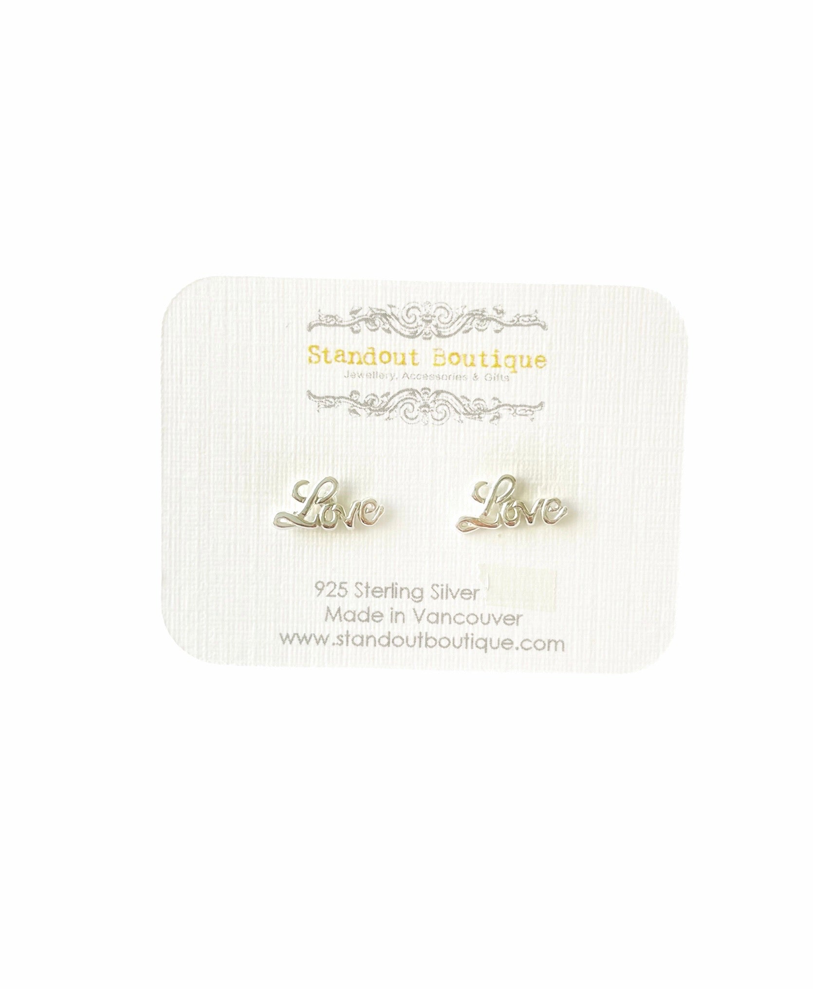 love words stud earrings in silver